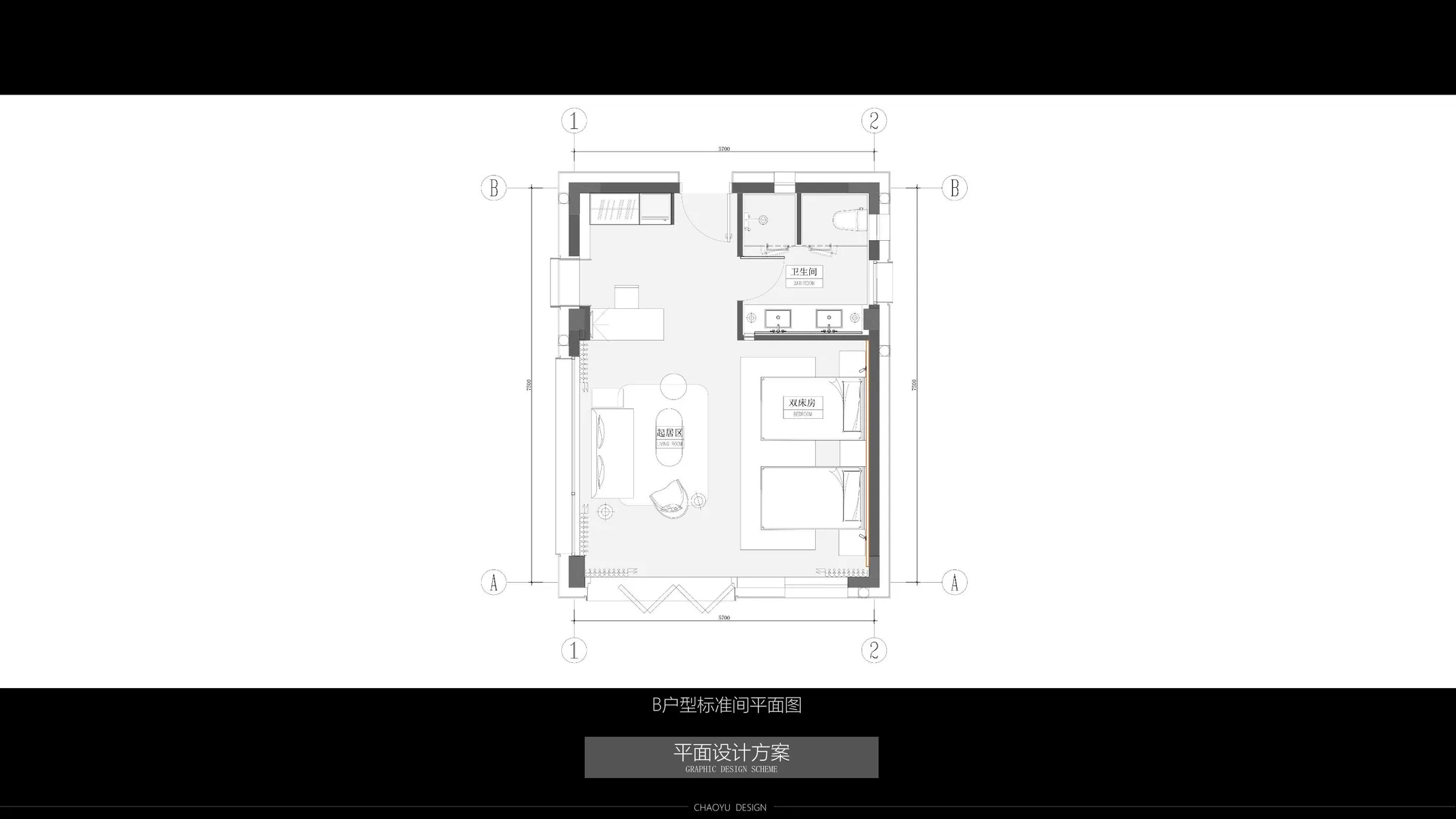 B 房型双床房平面布局